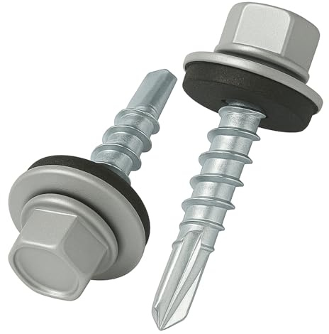 4.8 mm x 35 mm Takskruvar, Sexkantshuvud Självborrande Flerfärgad (RAL 9006 White Aluminium) Skruvar med EPDM-förseglad Bricka, Rostsäker Zinkpläterad Härdad Grov Gänga Skruv (50 stycken)