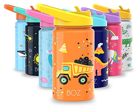 BOZ Botella Agua Niños con Pajita - Botella Agua Acero Inoxidable 414 ml, Botella Térmica Aislamiento Doble Pared Sin BPA, Botella Isotérmica Antiderrame con Asa Apta para el Lavavajillas (Tractor)
