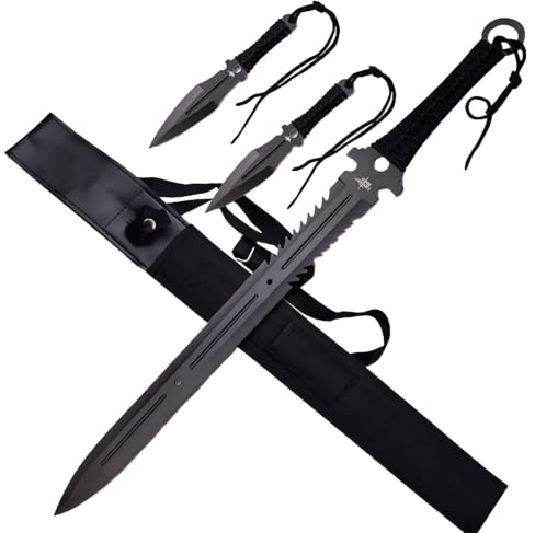EIN Satz 1 Katana Ninja Schwert und 2 Wurfmesser scharf echt zum Training Metall Stahl Samurai Nur für Erwachsene 71 cm - 18 Jahre erforderlich 125