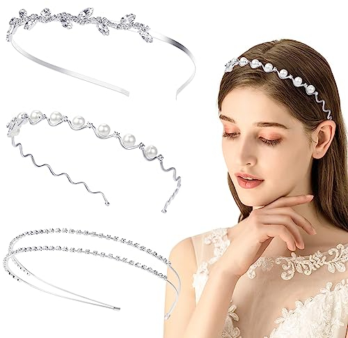 Kiiwah Pack 3 Stück Stirnband mit Strass Perle Haarreif Hochzeit Braut Elegante, Haarband Hochzeit Verstellbarer für Damen Mädchen