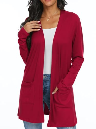 QIXING Gilet Femme Long avec Poches Cardigan Femme Long Tricot Veste Femme Gilet Femme Manches Longue (Rouge, XL)