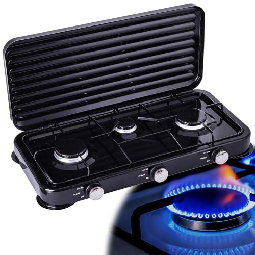 Hornillo de gas con 3 fuegos, hornillo de campamento Tourist, hornillo de campo, 2 x 2.2 kW, 1 x 1.1 kW