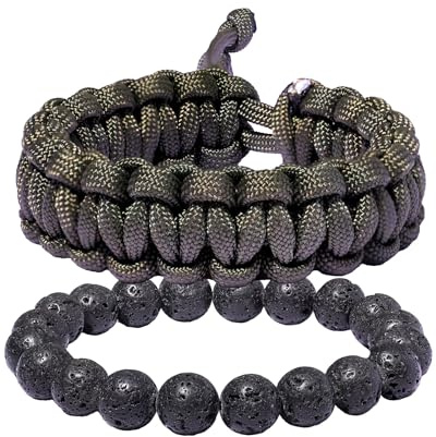Xfoxstal 2Pcs Adjustable Handmade Survival Paracord Bracelets Set Lava Stone Stretch Beaded Bracelets for Women Men Outdoor Hiking Camping Unisex (Army Green)