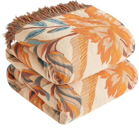 SE SOFTEXLY Boho Decke 100% Baumwolle – Doppelseitige Musselin Tagesdecke 150x200cm, Kuschelige Sofadecke & Bettüberwurf, Aesthetic Design, Ideal für Wohnzimmer & Schlafzimmer, Orange/Grün