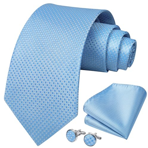 HISDERN Herren Blau Karierte Hochzeit Krawatte Einstecktuch KrawattenTaschentuch Manschettenknöpfe Set Geeigneter Hochzeit Fest