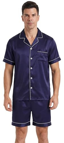 YUSHOW Pijama de Satén para Hombre, Conjunto Largo de Dormir con Textura