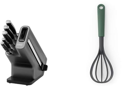 Ninja Foodi StaySharp Knife Block with Integrated Sharpener, 5-Piece Knife Set includes Chef Knife & Brabantia 122828 Whisk plus Draining Spoon, Tasty+, Fir Green
