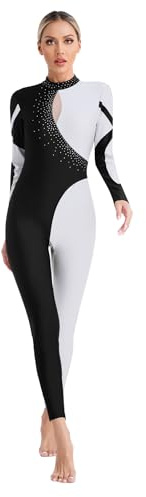 Jhaoyu Women Long Sleeve Shiny Rhinestone Gymnastics Leotard Full Length Figure Skating Jumpsuit Bodysuit Catsuit White S