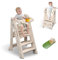 hoopyosms 2-in-1 Lernturm Klappbar für Kinder, Faltbarer Montessori Lernturm, Höhenverstellbarer Tritthocker für Küche und Bad, Multifunktional Lernturm ab 1 Jahr mit Sitz- und Tablett-Kit, Beige