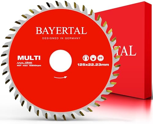 Bayertal Hoja de sierra de 125 x 22,23 mm, multimaterial para madera, aluminio y plásticos, 40 dientes, diámetro de 125 mm, disco de corte para corte fino, superficie de corte HM, ideal para cortes
