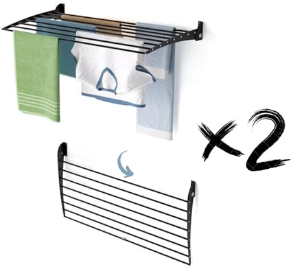 Foxydry Fold, Wand-Wäscheständer, vertikal, zusammenklappbar für Innen- und Außenbereich aus Aluminium und Edelstahl, 102x50x50 cm (Schwarz - Klappmechanismus nach unten, 2x Fold 100)