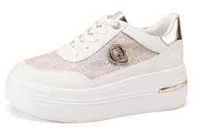 QUEEN HELENA Zapatillas Altas Zapatillas de Deporte Platform Ligeras Casual Mujer X32-4, blanco y dorado., 40 EU