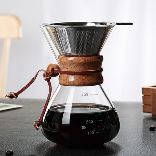 Cocoarm con Filtro de Doble Capa de 400 Ml, Boquilla en V, Funda de Madera para Verter sobre con de Vidrio, con Sifón para Fiesta en Cafetería en Casa