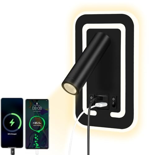 HUIZHOU Reading Wall Mounted 3W+9W LED Reading Lamp,USB Charging Port,3000K Rotating Bedside Lamp Suitable for Bedroom, Stairs, Hallways, Offices (Rectangular Black)
