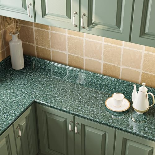 VaryFloral Carta da Parati Terrazzo Verde Smeraldo Carta Adesiva Effetto Marmo 30cmx300cm Pellicola Adesiva per Mobili Granito Lucido Impermeabile Rivestimento Adesivo per Mobili Armadio