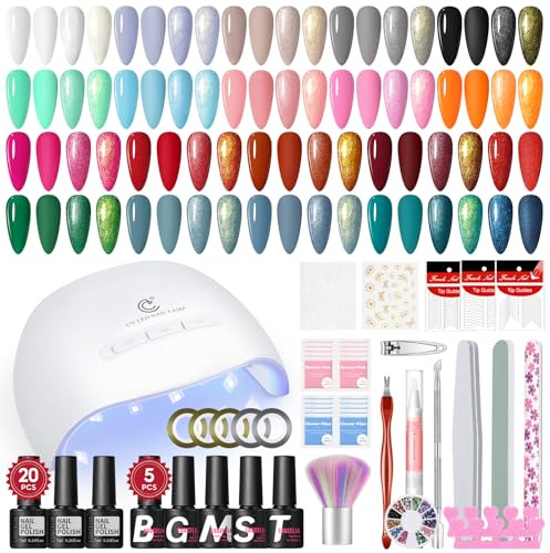 COSCELIA 48Pcs Kit Uñas Semipermanentes con Lampara, 20 Colores Esmalte Semipermanente Nude Rojo Negro Azul, 5 Pcs Base Top Coat Kit de Manicura Principiantes Regalo para Mujeres