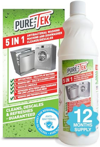 Pure-Tek 5 in 1 Washing Machine Cleaner and Dishwasher Cleaner – Antibacterial Washing Machine Descaler Liquid, Limescale Remover, Dishwasher Unblocker & Deep Cleaner, 960ml, 12 Months Supply