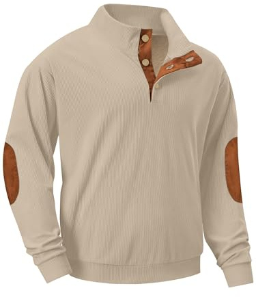 QIXING Sweat-shirt en velours côtelé pour homme avec col boutonné 1/4 et doublure polaire thermique coudières
