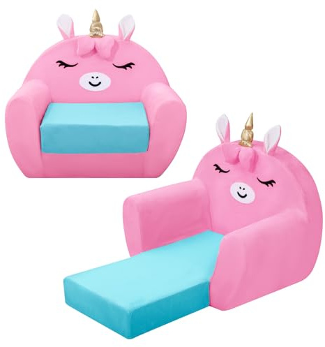 alldomess Kids Sofa Bed,Unicorn Toddler Chair 2-in-1,Foldable Toddler Couch Comfy for Girls Boys,Convertible Sofa To Lounger Single Children Couch Steady for Bedroom Playroom Nursery,Pink