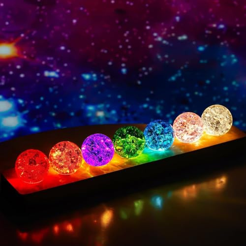 Petyoung 7 Luci Notturne Colorate con Sfere di Cristallo, Sfere di Vetro USB da 40 mm, Sfere di Cristallo con Base in Legno LED, Decorazioni per la Casa, la Camera da Letto e l'Ufficio