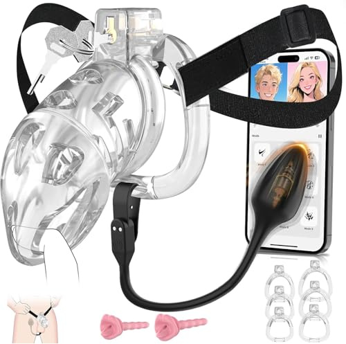 Gikk Chastity Cage - Soft Lightweight Penis Cage with 6 Sizes Rings,Black Strap,App-Controlled Vibrator, Comfortable Cock Bondage Chastity Device Sex Toys for Men (Transparent, L)