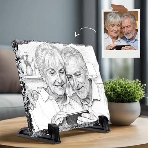 FELIZ TECNO Marco piedra de Fotos.Recuerdo Original. Regalo Personalizado con Foto-El estilo de Retrato Realista a Lápiz (generado por IA). (Retrato Realista a Lápiz, 29 x 19 cm (±1 cm))