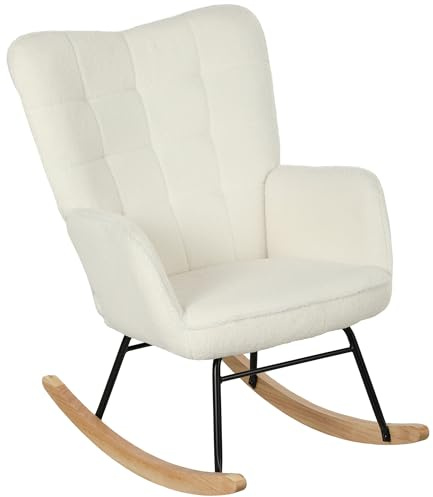 HOMCOM Fauteuil à Bascule, Rocking Chair, revêtement Bouclette, Chaise à Bascule, Structure en Acier, Pieds en Bois Massif, Blanc