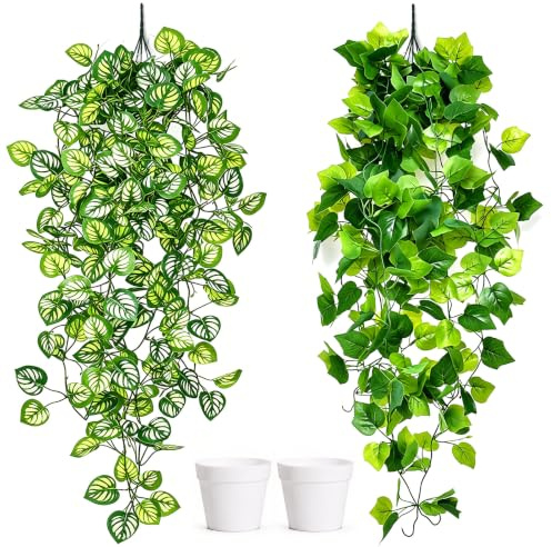VEEKAY 2 Stück Hängepflanze Künstlich im Topf Kunstpflanze Hängend,Hängepflanze Künstlich mit Topf,Taro-&Weinblätter,für Indoor Outdoor Draußen Garten Deko,Wand Dekoration