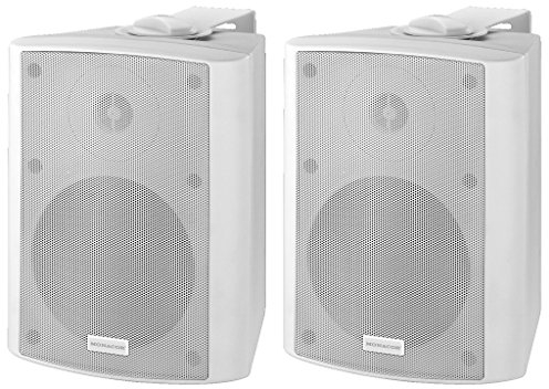 MONACOR MKA-50SET/WS aktives 2-Wege-Stereo Lautsprecherboxen-System, eine Aktiv- und eine Passiv-Box im 2er-Set, magnetisch geschirmte Lautsprecher inkl. Auto-Stand-by-Funktion, 2 x 20 W, in Weiß