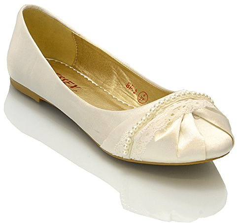 ESSEX GLAM New Womens LACE Pearl Wedding Bridal Ivory White Ballerina Flat Pumps Shoes Size 3 4 5 6 7 8 (UK 6 / EU 39 / US 8, Ivory Satin)