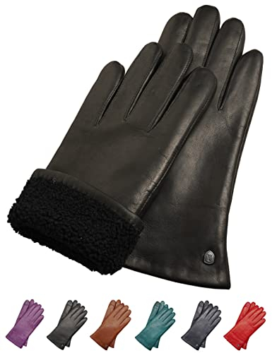 AKAROA ESTD 2019 Lederhandschuhe Damen MIA, Touchscreen Funktion, italienisches Leder, Futter aus original Neuseeland Lammfell, 4 Größen S - XL, schwarz, M - 7,5