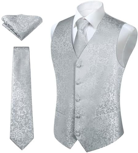 HISDERN Set di gilet e cravatta jacquard floreali classici da uomo in paisley floreale e tasca quadrata Grigio argento XL