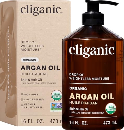 Cliganic Organic Argan Oil, 100% Pure (473ml) | Moroccan Argan Oil for Hair, Face & Skin | Natural Cold Pressed Carrier Oil - Certified Organic | Cliganic 90 Days Warranty