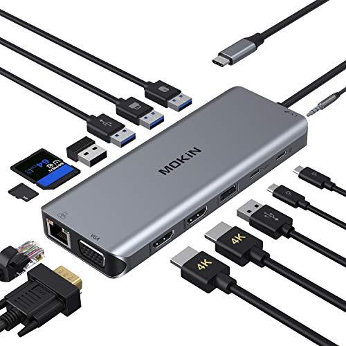 MOKiN - Estación de Acoplamiento USB C, 14 en 1 de Triple Pantalla, concentrador USB C Doble Monitor a Doble HDMI, VGA, Gigabit Ethernet, 5 Puertos USB 3.0/2.0, 100W PD, Lector de Tarjetas SD/TF,