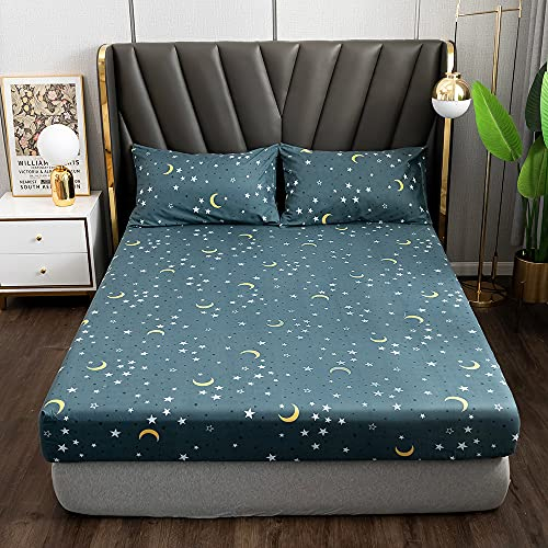 Damier Spannbetttuch 140x200cm Blaues Sternendruck Spannbettlaken mit Gummizug Mikrofaser Boxspringbettlaken geeignet für Matratzen von 30cm