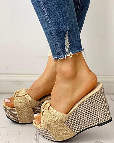 HHZYT Mule Zoccoli Scarpe da Donna Sandali Estivi con Plateau e Fiocco Pantofole da Passeggio Traspiranti Antiscivolo Sandalis Punta Aperta con Zeppa,Beige,US9/EU40