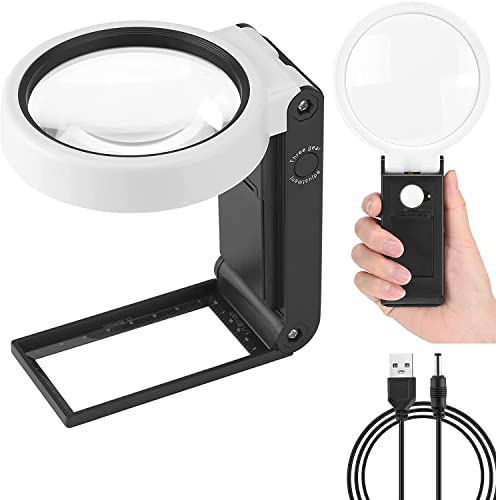 Xnourney Magnifying Glass 10X 30X with Light and Stand, Handheld Standing LED Illuminated Magnifier, Folding Reading Magnifying Glass with for Seniors Read, Coins, Stamps, Map, Jewelry, Close Work