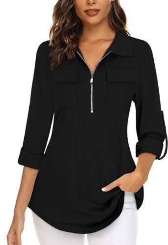 Gemulate 3/4 Sleeve Tops for Women UK Womens Tops Zip Up Long Sleeve Tops Polo Shirts Blouses Loose Dressy Casual Tunic Tops - Black, L