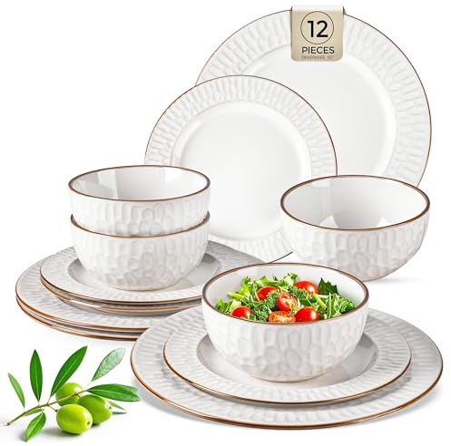 GBHOME Ceramic Dinnerware Sets,12 pcs Embossed Elegant Stoneware Plates and Bowls Sets, Housewarming Wedding Gift | Dishwasher & Microwave Safe | Dishes Set Service for 6