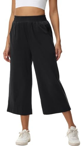 HMIYA Damen 3/4 Baumwolle Culotte Hose Leicht Sommerhose aus Dreiviertel Jogginghose Caprihose Damen Sommer mit Taschen,Schwarze,XXL
