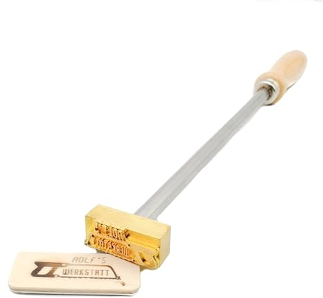 extern beheizter Brandstempel mit deinem Schriftzug im Motiv Säge für Holz, Leder, Pappe - personalisiertes Brandeisen, individueller Brennstempel in 60 x 24 mm