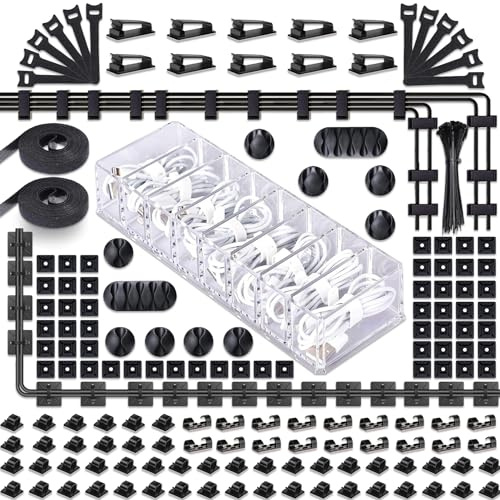 MiuCo 255Pcs Kabelmanagement Set Mit Kabelbox, Kabelhalter Selbstklebend, Silikon Kabelclip, Kabelbinder, Selbstklebende Klettband, Rollenkabelbinder fur Desk PC Kabel, Organizer Set fur Schreibtisch