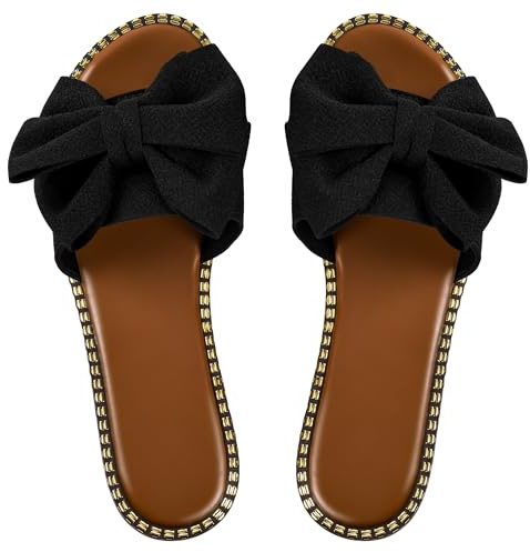 Sksshion Women's Bow Knot Slides Open Toe Flat Sandals Summer Slip On Slippers Black 9.5