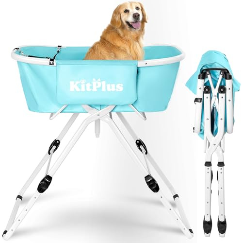 KITPLUS Portable Dog Bathtub, 5 Height Adjustable Dog Washing Station for Pet Shower and Grooming Foldable Bathing Tub with Storage & Anti-Slip Design for Small Large Dogs