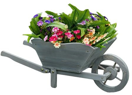 BONAFIDE Large Outdoor Garden Wheelbarrow Planter, Rustic Garden Wagon Planter Cart with Wheel & 2 Long Handles, Heavy Duty Rustic Large Outdoor Ornaments (GREY)