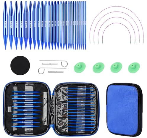 Juego de agujas circulares intercambiables de 3,0-10,0 mm, Agujas de Tejer de Aluminio, agujas de tejer intercambiables,agujas de tejer circulares para aficionados, principiantes tejido (blue)