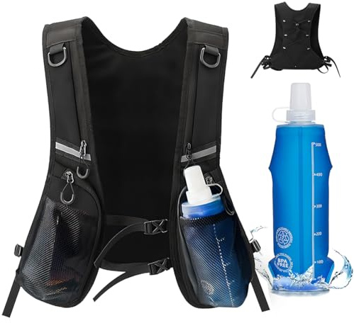 Chaleco para correr para hombre y mujer, chaleco para correr con botella, chaleco para correr, ligero, reflectante, con 6 bolsillos y correa ajustable, adecuado para senderismo, ciclismo, carreras