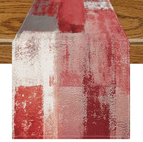 Jayusaror Tischläufer Modern Rot Deko Frühling Tischläufer Retro Bauernhaus Kurz Tischdeko Kunst Gemälde Tisch Läufer Boho Herbstdeko Mittelläufer 40 x 140 cm für Winter Herbst Dekoration Innen