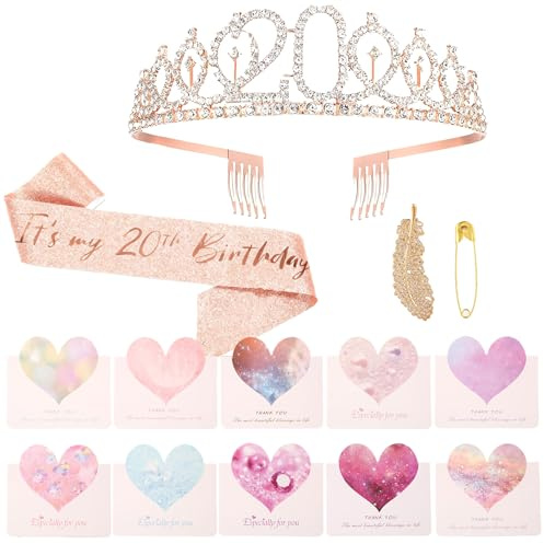 Décoration de fête d'anniversaire pour fille - Couronne et écharpe pour 20e anniversaire - Pour fille - Avec 10 cartes de vœux et 1 pince à cheveux en plume dorée