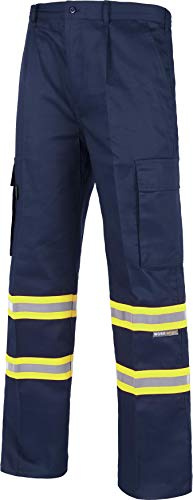 WORKTEAM Pantalón de Trabajo con Cintas Reflectantes Fluorescentes, Bolsillos Laterales de Carga, Cintura Elástica y Cierre de Cremallera, Visibilidad Realzada EN 17353. Unisex Marino+Amarillo A.V. 48